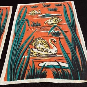VTG mid-century Startex Handette orange/green swans decorative tea towels (x2)